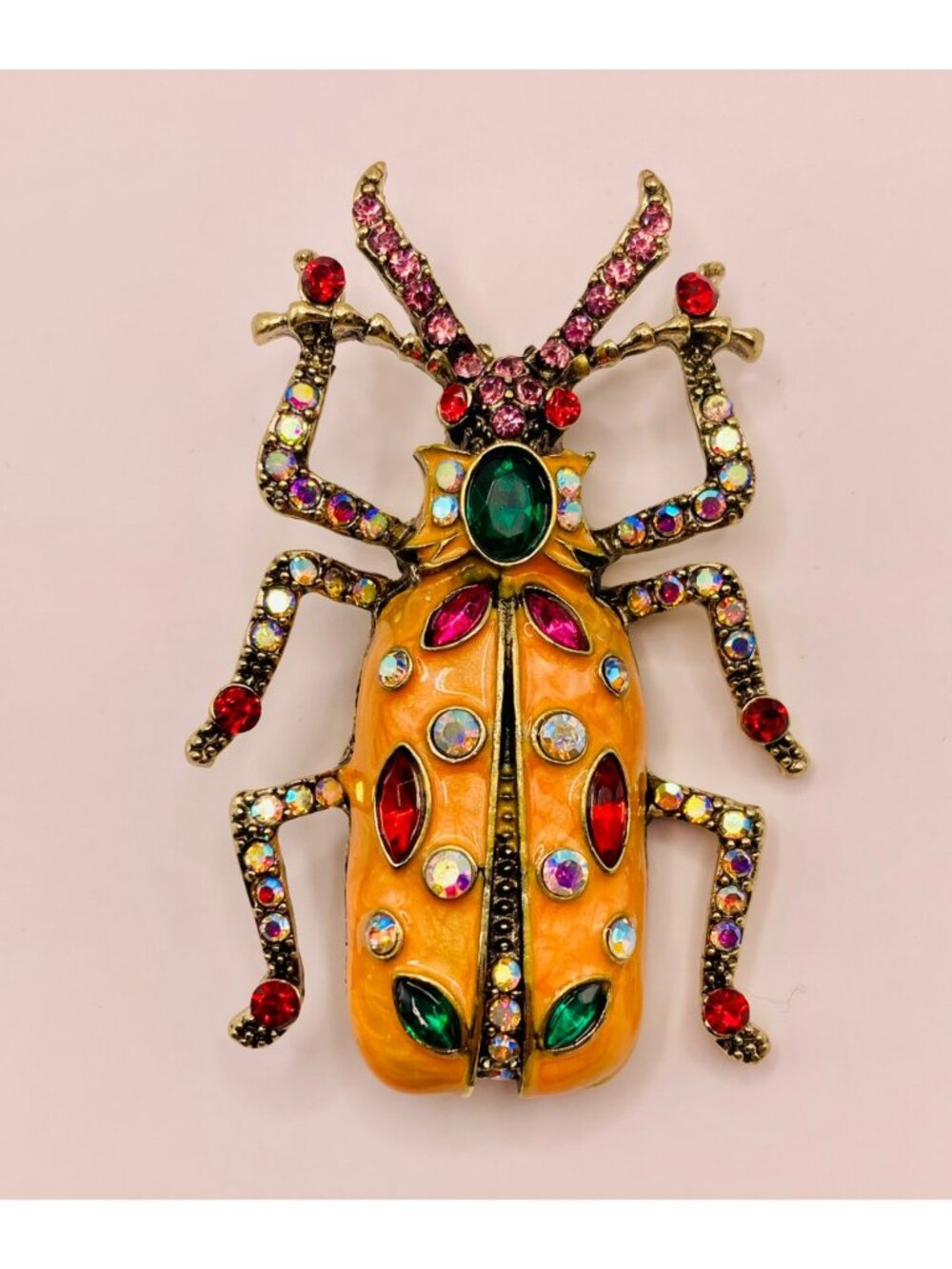 Colorful Rhinestone Beetle Brooch Pin Orange Enamel & Gem Accents -120B